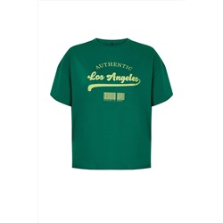 Yeşil Geniş Kalıp Bisiklet Yaka Baskılı %100 Pamuk Örme T-shirt TBBSS23AH00131