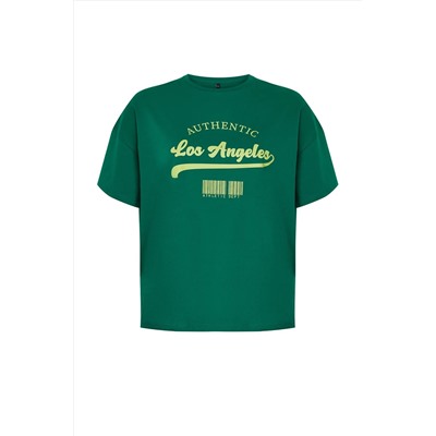 Yeşil Geniş Kalıp Bisiklet Yaka Baskılı %100 Pamuk Örme T-shirt TBBSS23AH00131