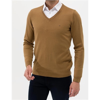 Camel Melanj Slim Fit V Yaka Basic Triko Kazak