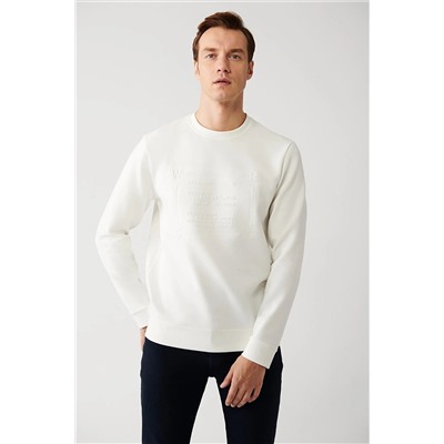 Avva Erkek Beyaz Interlok Kumaş Bisiklet Yaka Slogan Gofre Baskılı Sweatshirt A32y1223 A32Y1223