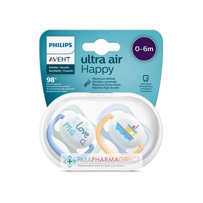 Avent Sucettes Ultra Air Happy 0-6 mois "Love" & Bateau x2