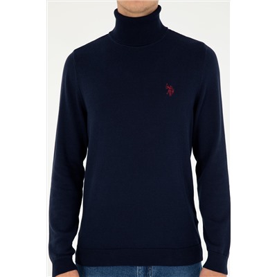 Erkek Slim Fit Boğazlı Yaka Lacivert Basic Kazak