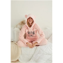 makkash Kadın Sarı Meow Desenli Tam Peluş Pijama Takımı pudrameow1