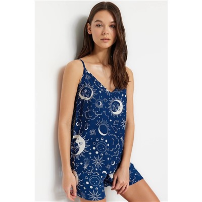 TRENDYOLMİLLA Indigo Galaksi Desenli Atlet-Şort Dokuma Pijama Takımı THMSS23PT00006
