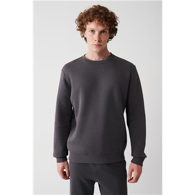 Antrasit Bisiklet Yaka İçi Polarlı 3 İplik Pamuklu Regular Fit Standart Kesim Unisex Sweatshirt