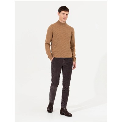 Camel Melanj Slim Fit Yarım Balıkçı Yaka Triko Kazak
