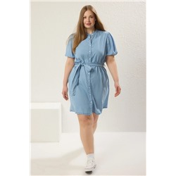Mavi Bisiklet Yaka Balon Kol Tencel Denim Büyük Beden Elbise TBBSS25AH00090