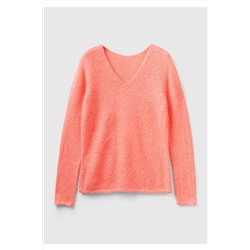 United Colors of Benetton Kadın Somon Moher Karışımlı V Yaka Kazak 123A1242D107Z