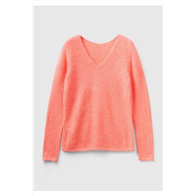 United Colors of Benetton Kadın Somon Moher Karışımlı V Yaka Kazak 123A1242D107Z