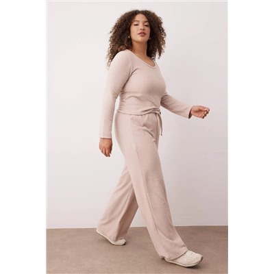 Bej Yumoş Crop ve Wide Leg/Geniş Paça Örme Alt Üst Takım TBBAW26CP00005