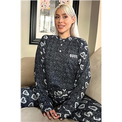 Pijamaevi Lacivert Cute Desenli Yumoş Örme Pijama Takımı 2406