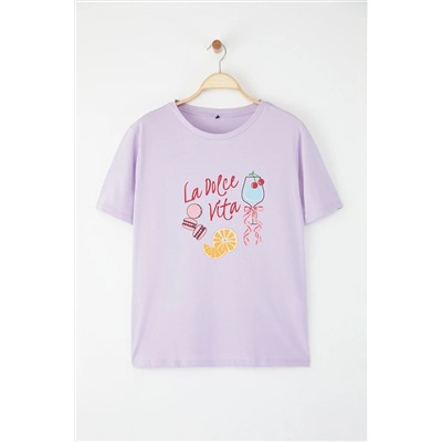 Lila Kokteyl Baskılı Boyfriend Fit Büyük Beden T-shirt TBBSS25BF00068