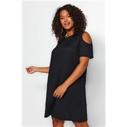 Siyah A-line Cut-Out Detaylı Yazlık Örme Büyük Beden Elbise TBBSS22EL2986