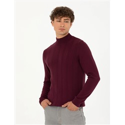 Bordo Slim Fit Yarım Balıkçı Yaka Triko Kazak