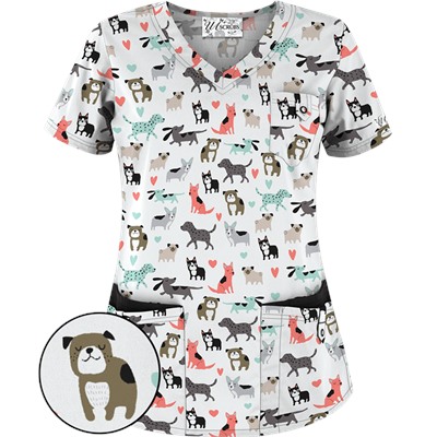 UA Doggy Dog White Print Scrub Top