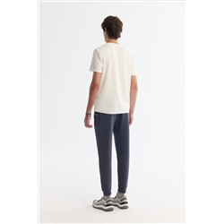 Ekru Bisiklet Yaka Baskılı Elastan T-Shirt