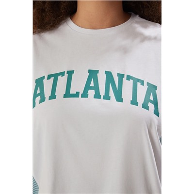 Yeşil Oversize Slogan Baskılı Kolda Çizgili Poplin Detaylı %100 Pamuk Örme T-shirt TBBSS24BF00017