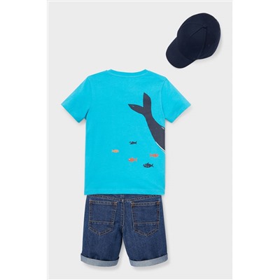 Set - Kurzarmshirt, Jeansshorts und Cap - Bio-Baumwolle