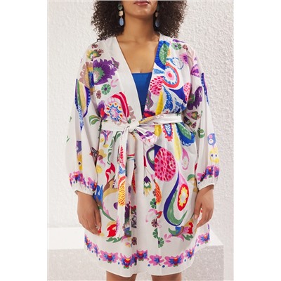 Çok Renkli Çiçek Desenli Kuşaklı Mini Dokuma Balon Kollu %100 Pamuklu Kimono&Kaftan TBBSS25DE00001