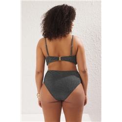 Siyah Yüksek Bel Simli Işıltılı Büyük Beden Bikini Altı TBBSS25CR00004