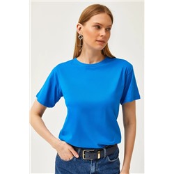 Olalook, Kadın Saks Mavi Bisiklet Yaka Basic Tişört TSH-19000774