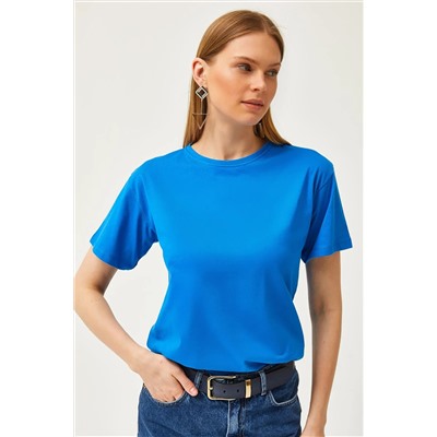Olalook, Kadın Saks Mavi Bisiklet Yaka Basic Tişört TSH-19000774
