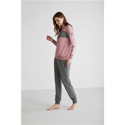 U.S. Polo Assn. Kadın Pamuklu Gül Kurusu & Gri Dar Paça 2'li Pijama Takımı 26947
