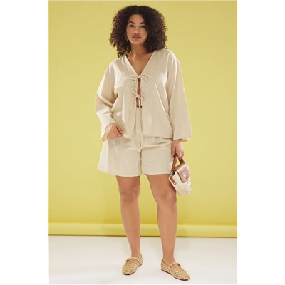 Bej V Yaka Bağlama Detaylı Pamuk Flam Beachwear Büyük Beden Alt-Üst Takım TBBSS25CP00012
