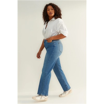 Trendyol Curve Koyu Mavi Yüksek Bel Comfort Straight Fit Büyük Beden Jeans TBBAW24CJ00045