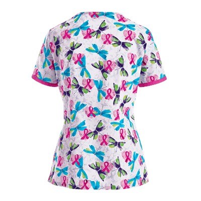 Cherokee Scrubs Flying Hearts V-Neck Print Top