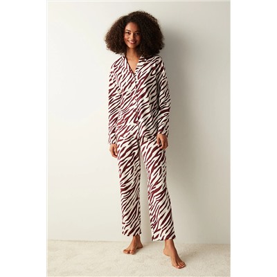 Penti Zebra Baskılı Uzun Kollu Bordo Gömlek Pijama Set PN7C1UJO23SK-BX5