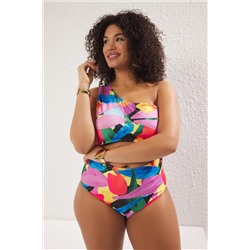 Trendyol Curve Çok Renkli Tek Omuz Cut Out Detaylı Soyut Desenli Büyük Beden Mayo TBBSS25AM00010