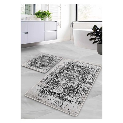 Pilloveland Kaymaz Taban Yıkanabilir 2’li Banyo Paspası - Siyah Farmhouse Desenli 60*100 Cm - 50*60 Cm BM0197