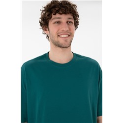 Erkek Long Fit Bisiklet Yaka Koyu Yeşil Basic Tişört