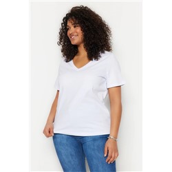 Beyaz V Yaka Basic %100 Pamuk Örme T-Shirt TBBSS22BF0028
