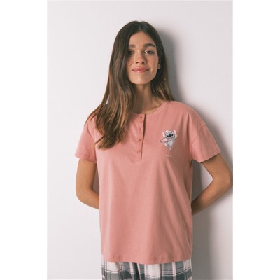 Pijama largo 100% algodón rosa cuadros Stitch