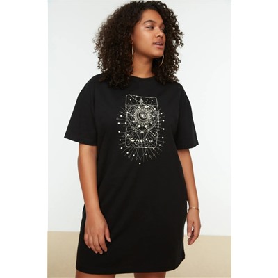 Siyah Geometrik Baskılı %100 Pamuk Örme Büyük Beden T-Shirt Elbise TBBSS22EL2269