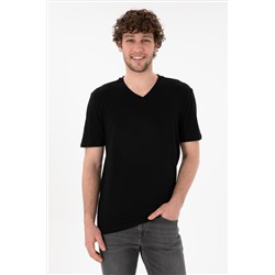 Erkek Regular Fit  V Yaka Siyah Basic Tişört