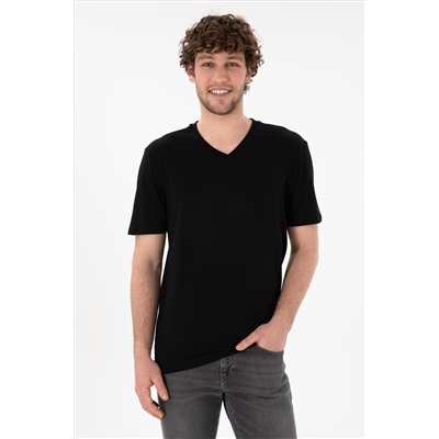 Erkek Regular Fit  V Yaka Siyah Basic Tişört