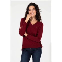Kadın Bordo V - Yaka Basic Kazak