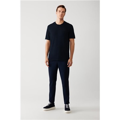 Lacivert Bisiklet Yaka Pamuklu Regular Fit Standart Kesim İnce Triko T-Shirt