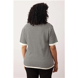 Siyah-Krem Polo Yaka Çizgili Triko Bluz TBBSS25AF00115