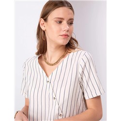 Lacivert Crop Çizgili Kısa Kollu Bluz