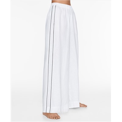 100% linen wide straight-leg trousers with piping