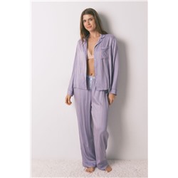 Pijama camisero largo satén print rayas