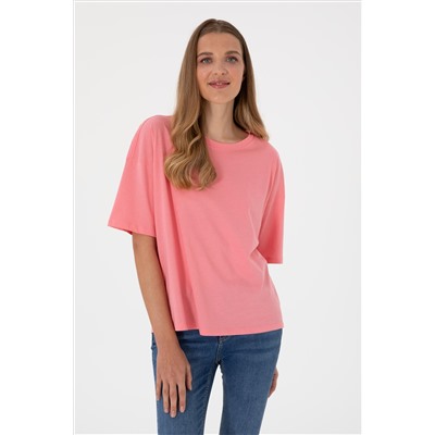 Kadın Pembe Oversize Bisiklet Yaka Tişört