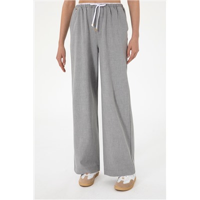 Kadın Gri Bel Detaylı Loose Fit Kanvas Pantolon