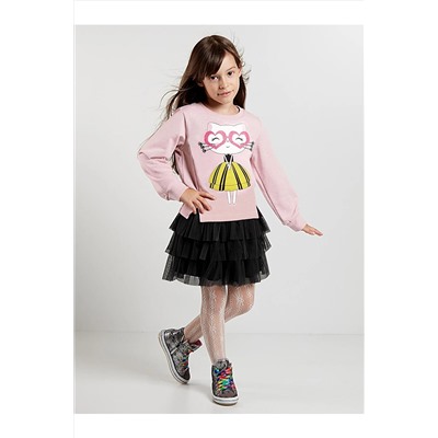 DenokidsKalp Gözlük Kız Çocuk Tüllü Sweatshirt Etek Takım