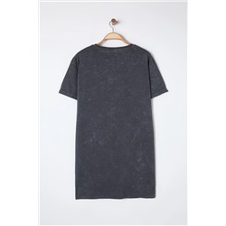 Antrasit Bisiklet Yaka Yıkamalı Örme Büyük Beden T-shirt Elbise TBBSS25AH00007