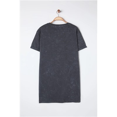 Antrasit Bisiklet Yaka Yıkamalı Örme Büyük Beden T-shirt Elbise TBBSS25AH00007